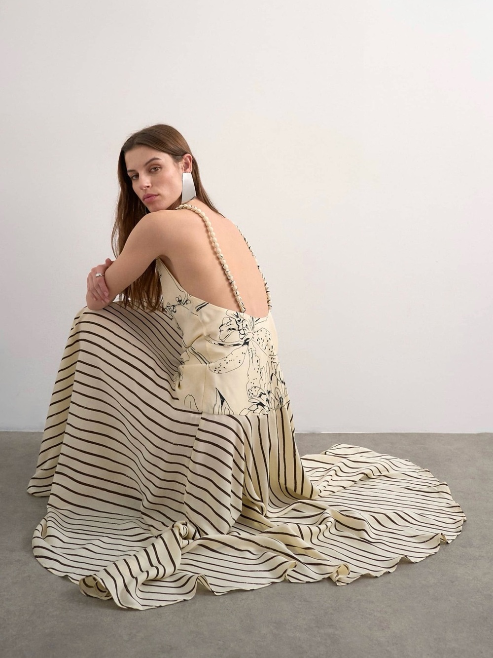 Contrast Floral Stripe Print Beaded Strap Midi Dress - Picture 2 of 4